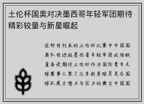 土伦杯国奥对决墨西哥年轻军团期待精彩较量与新星崛起
