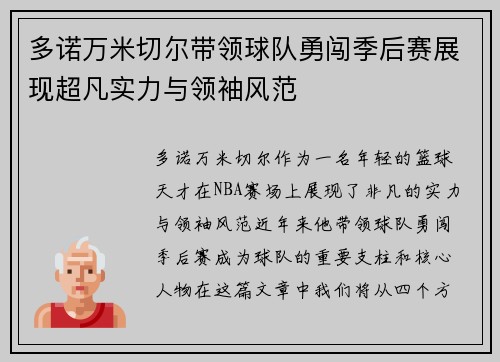 多诺万米切尔带领球队勇闯季后赛展现超凡实力与领袖风范